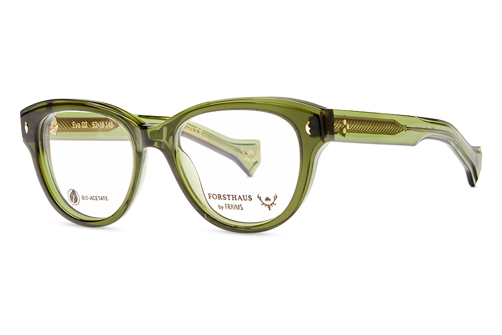 Nachhaltige grüne Brillenfassung aus Bio-Acetat Fraims Eva vor transparentem Hintergrund