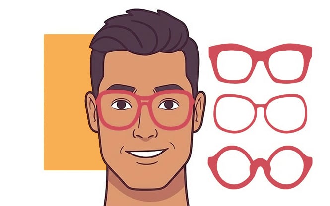 Eine Grafik mit einem eckigen männlichen Gesicht und drei passenden Brillenfassungen auf der rechten Seite, im Hintergrund befindet sich ein Viereck in Orange