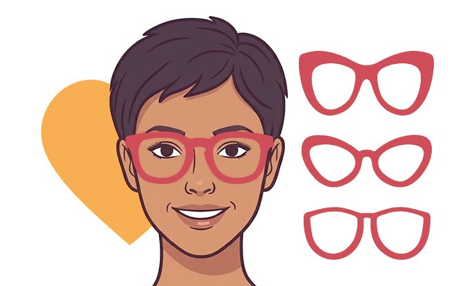 Eine Grafik mit einem herzförmigen weiblichen Gesicht und drei passenden Brillenfassungen auf der rechten Seite, im Hintergrund befindet sich ein Herz in Orange