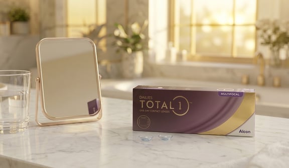Eine Packung Kontaktlinsen Total1 Multifokal auf einem Badezimmerschrank in der Mitte. Vor der Packung liegen zwei Kontaktlinsen. Links daneben ein Wasserglas. Im Hintergrund befindet sich eine Badewanne