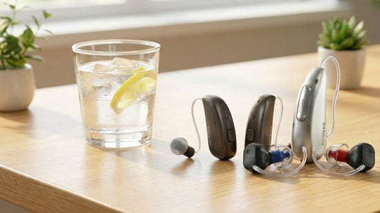 Hoergeraete von ReSound, Phonak und Oticon auf einem Holztisch. Im Hintergrund ist ein Fenster zu sehen. Auf dem Tisch stehen zwei Topfpflanzen und eine Glas mit Zitronenwasser