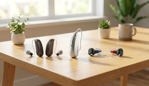 Hoergeraete von ReSound, Phonak und Oticon auf einem Holztisch. Im Hintergrund ist ein Fenster zu sehen. Auf dem Tisch stehen zwei Topfpflanzen und eine Tasse